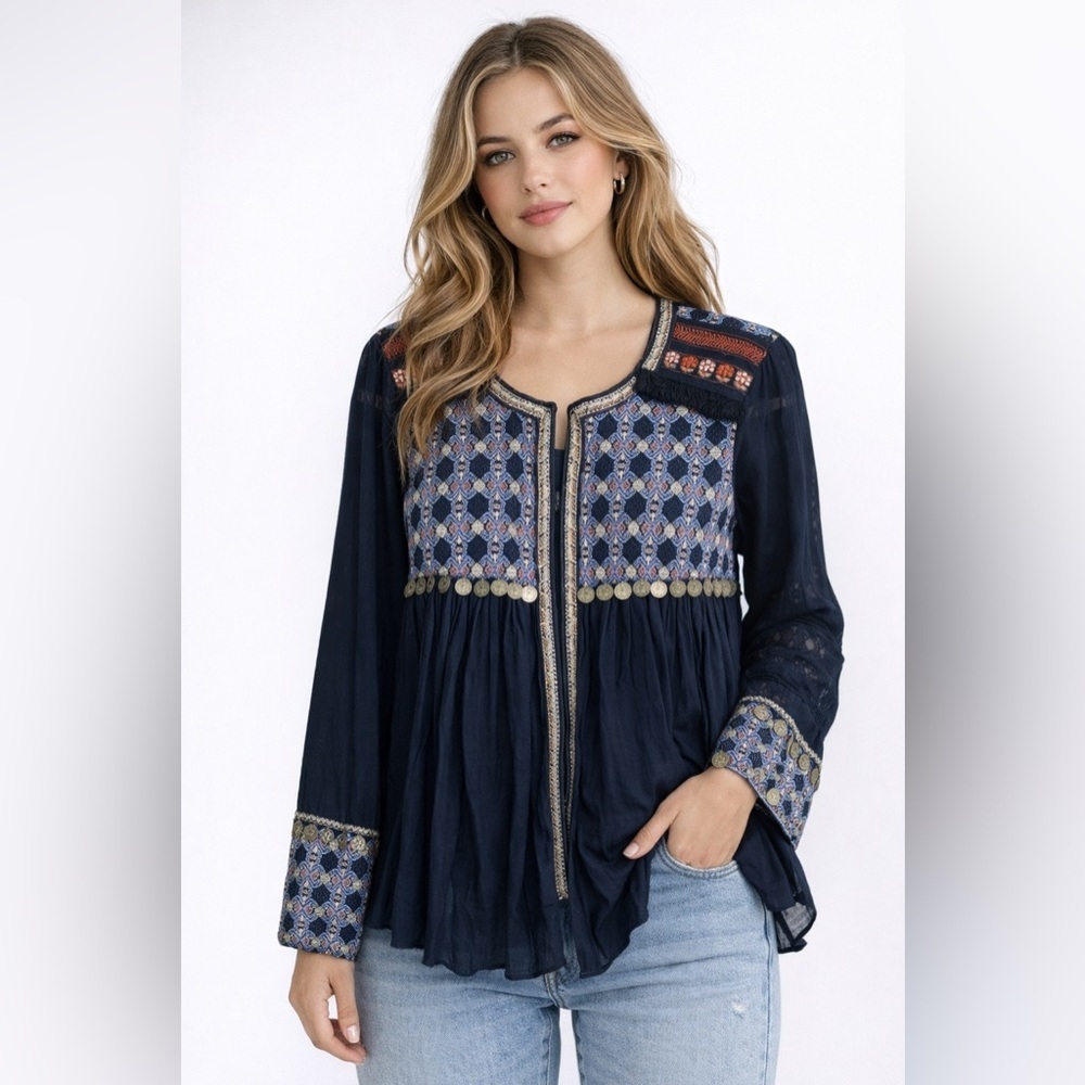 Zara TRF - Black Embroidered Blouse with Silver Accents - S